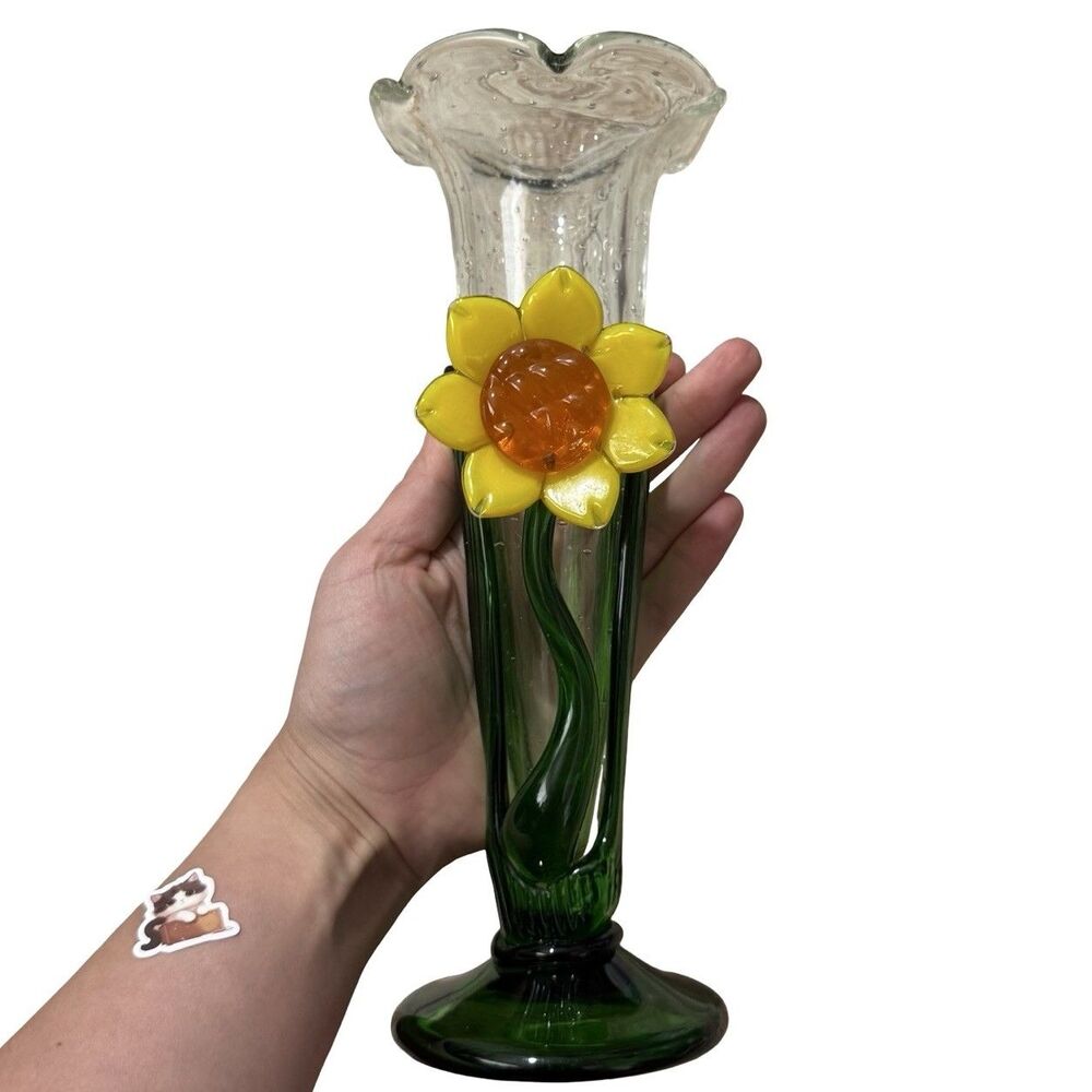 Celebration Hand Blown Vintage Art Glass Vase Applied Sunflower & Leaves 10"